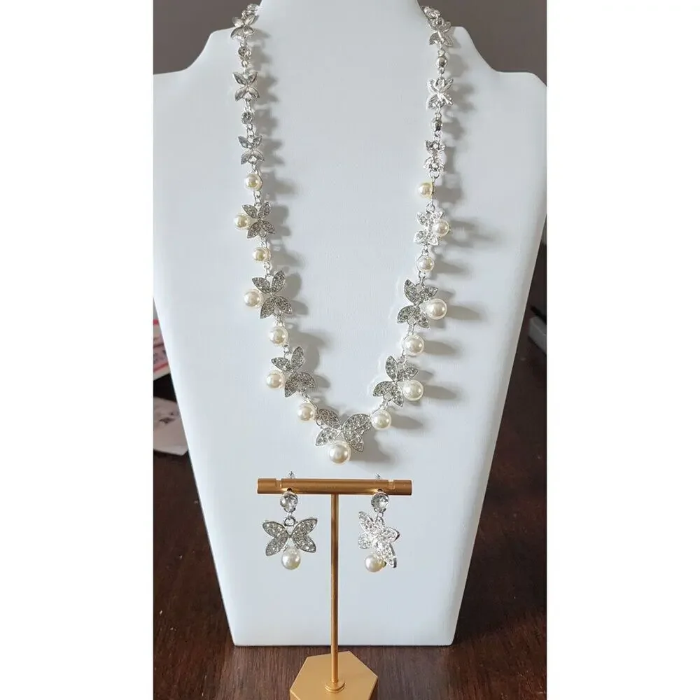 Faux Pearl and Rhinestone Butterfly Necklace & Earrings Set Wedding Prom Pretty